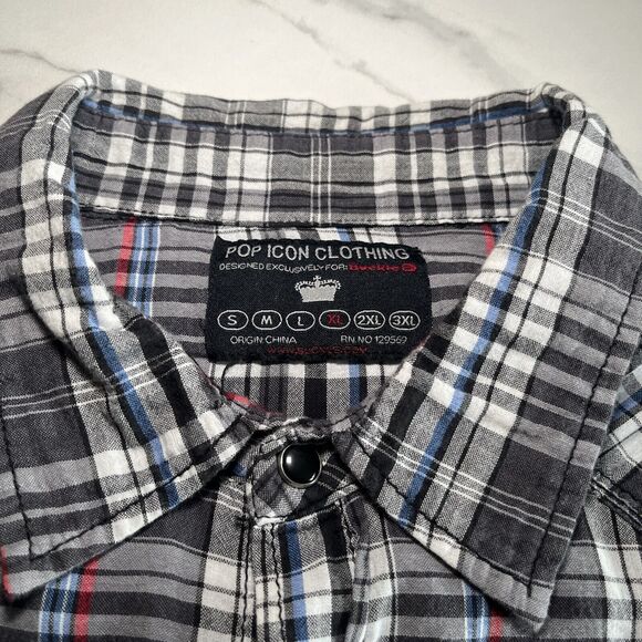 Buckle Men's Pop Icon Pearl Snap Long Sleeve Plaid Shirt Embroidered Size XL - Picture 2 of 14